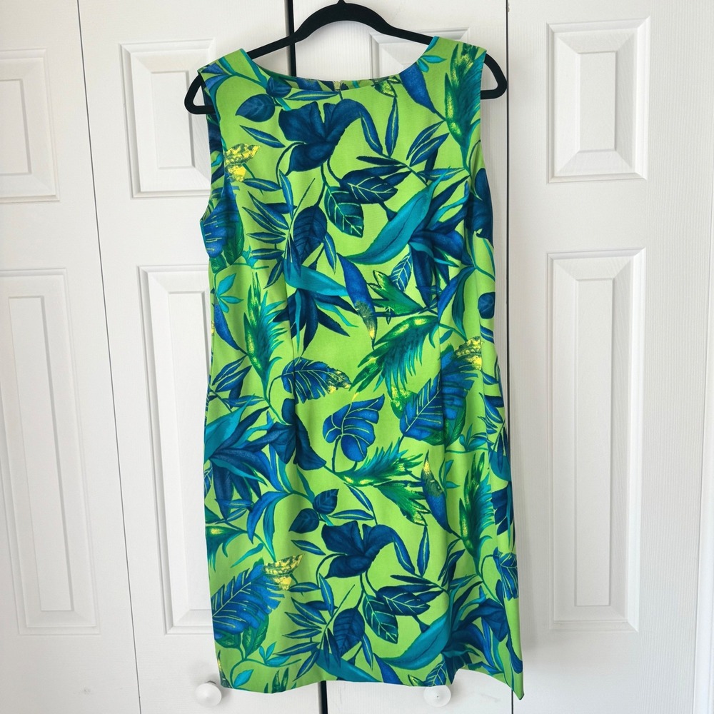 John Roberts Tropical Floral Sheath Dress Lime Green Blue Sleeveless Size 16